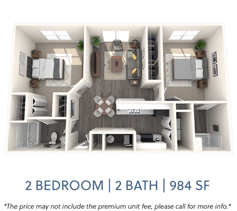 Floor plan for 2 beds, 2 baths, 984 sqft